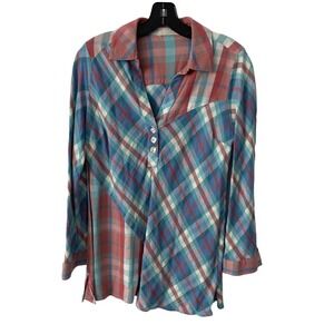 Soft Surroundings Shirt Popover Blouse Top Plaid Cotton V-Neck Long Sleeve PM‎